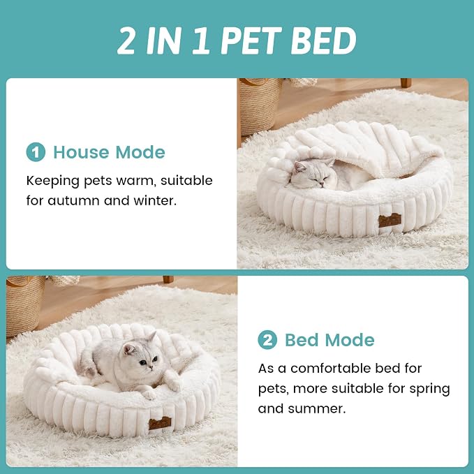 COZY KISS Hooded Blanket Cat Bed – 20"x20" Round Fluffy Donut Cuddler for Cats & Toy Dogs, Anti-Anxiety Faux Fur Pet Bed, Machine Washable with Non-Slip Bottom, Cream