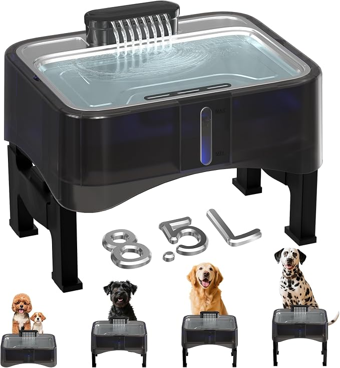 8.5L/2.25Gal Elevated Dog Water Fountain, Xetino 4 Height Adjustable Raised Dog Water Bowl Dispenser for Large Dogs with Stainless Steel Tray, Pet Water Fountain with Ultra Quiet Pump and Filter
