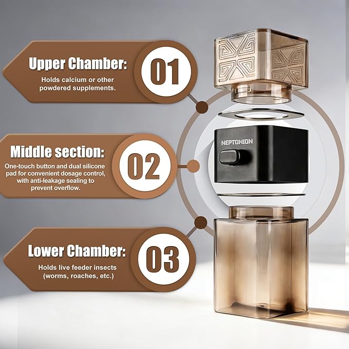 【Metered Dose; ~0.4 g/Press】 Reptile Calcium Powder Mixer, Cricket Keeper Dispenser Feeder, One-Click No-Mess Duster for Chameleon, Gecko, Lizard & Frog