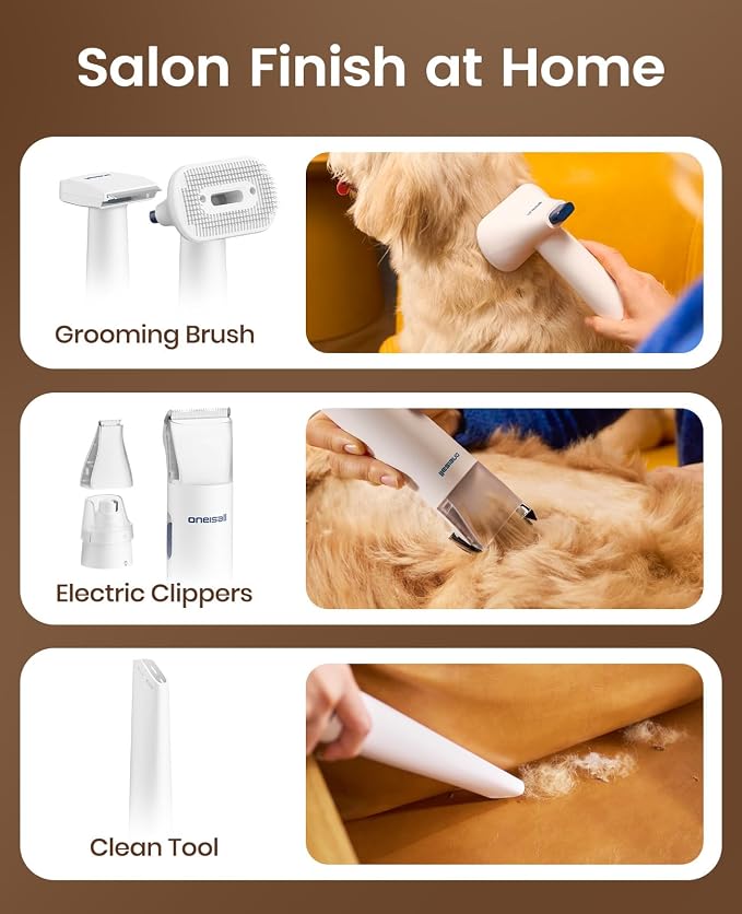 oneisall Dog Grooming Vacuum Kit with 6 Tools | Powerful 15000Pa Suction, Clippers, Trimmer & Nail Grinder ≤59dB, 2L Large Canister, Easy to Clean & Empty