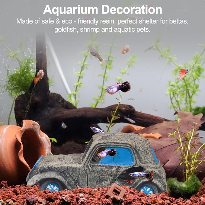 Virekm Aquarium Decorations, Aquarium Decorations for Fish Tank - Realistic Resin Rock Cave Hideouts, Safe Fish Tank Ornaments with Natural Design for Betta, Goldfish, Shrimp - Easy to Clean (car)