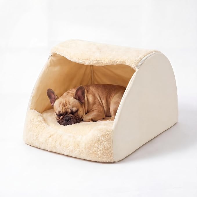 LATIBELL Indoor Puppy House Foldable Pet Tent Cave Bed ，White | Foldable Indoor Dog House With Removable Washable Soft Cushion, Covered Cave For Small Puppy