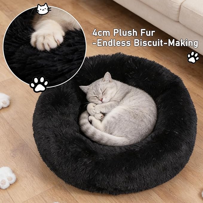 Calming Donut Dog Beds Large Sized Dog - Washable Removable Cover Non-Slip, Round Pet Bed Warming Fluffy Plush Faux Fur Anti-Anxiety Thick Cushion, Fits up to 80 lbs (Black, 36")
