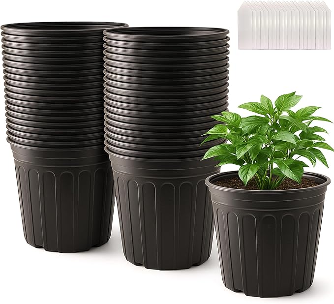 50 Pack 3 Gallon Flexible Plant Nursery Pots Plastic Seedling Starting Pots with Drainage Holes Soft Flower Pots Plant Container with Plant Labels, Black