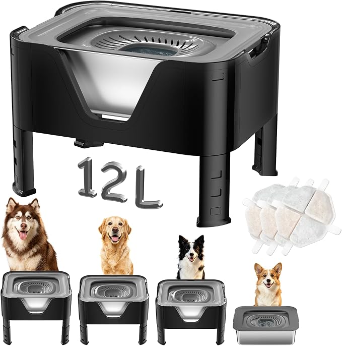 Elevated Dog Water Bowl 12L, 3.1Gal No Spill Water Bowl for Dogs with 4 Heights Adjustable Raised Dog Stand and 3 Filters Stainless Steel Dog Bowls with Anti-Mat for Large Dogs and Multi Pets