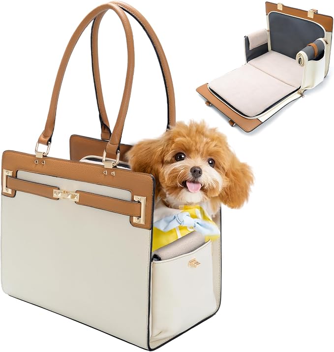 2-in-1 Stylish Dog Purse Carrier Soft-Sided Carriers Travel Tote Bag for Small Dogs Cats, Fashion Foldable Pet Bag for Puppies Small Animals with Pockets (Beige+Brown, 15" L x 7.5" W x 12.2" H)