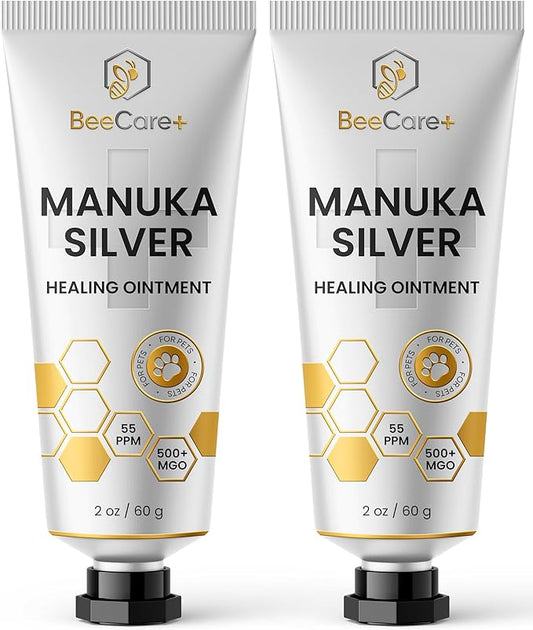 2-Pack Manuka + Silver Healing Ointment in a 2-oz Tube – Hot Spot Treatment for Dogs and Cats – Scratches, Burns & Irritations Care with 55-PPM Colloidal Silver and 500+ MGO Manuka Honey