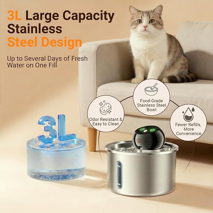 Cordless Cat Water Fountain, 3L Stainless Steel Quiet Pet Water Fountain | 5000mAh Rechargeable Battery, 101oz Large Capacity, 3 Flow Options, 4 Replacement Filters, Cats & Small Dogs