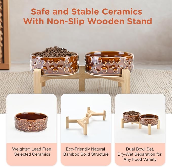 SPUNKYJUNKY Elevated Dog Bowls Ceramic, 5.1'' Dogs and Cat Food Water Bowls Raised with Non-Slip Bamboo Stand for Puppy Small Sized Breed Microwave Dishwasher Safe - 13.5 OZ,Skull Bronze