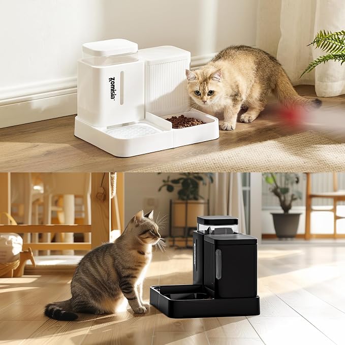 ZOMISIA Automatic Cat Feeder and Water Dispenser Set, 2 in 1 Gravity Cat Food Dispenser with 180 Degree Rotatable, Pet Self Feeding Large Capacity for Small Dogs Puppy Kitten, Black, 0.8 Gallon x 2