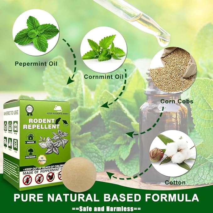 Mouse Rodent Repellent,10 Pack Peppermint Oil Mouse Repellent Balls for Rats Mice Deterrent, Natural Mouse Traps for Indoor Outdoor Use, Keep Rodents Away from Garden and Home, Family & Pet Safe