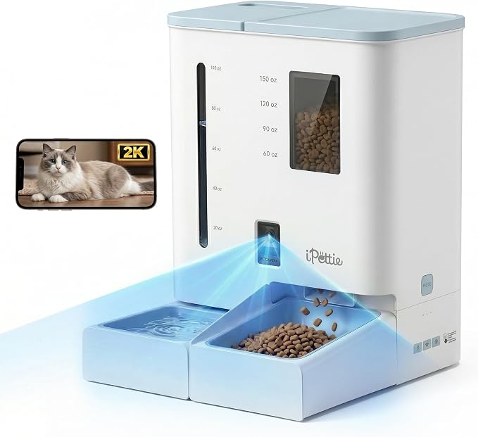 iPettie Camera Automatic Cat Feeder and Water Dispenser, 5G/2.4GHz WiFi | 2K HD Video, Night Vision, APP Scheduling & Alerts, 1 Filter Included, 300oz Large Capacity for 2 Weeks, FW54 Camera Version