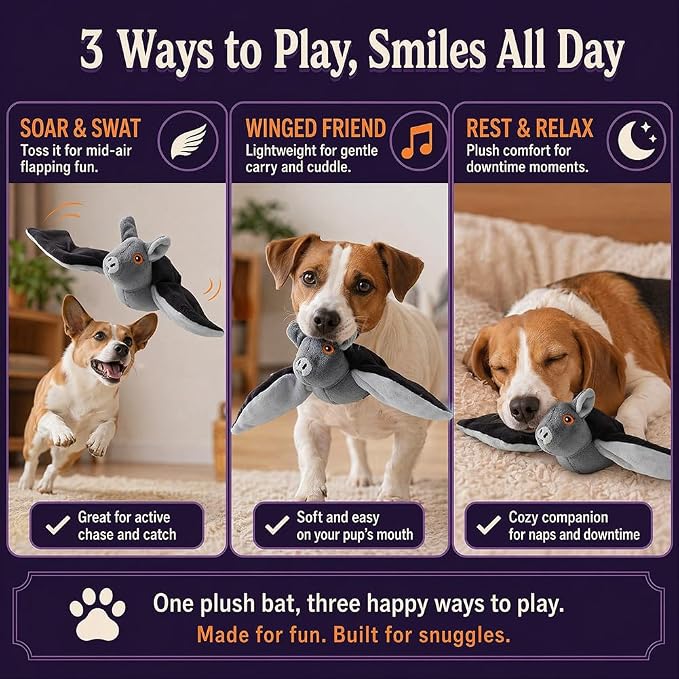 Flapping Bat Dog Toy, Flying Bat Toy for Dogs & Cat with Chirping & Flapping Wings, Interactive Rechargeable Bat Toy, Hanging Solo Play & Wand Compatible，2PCS