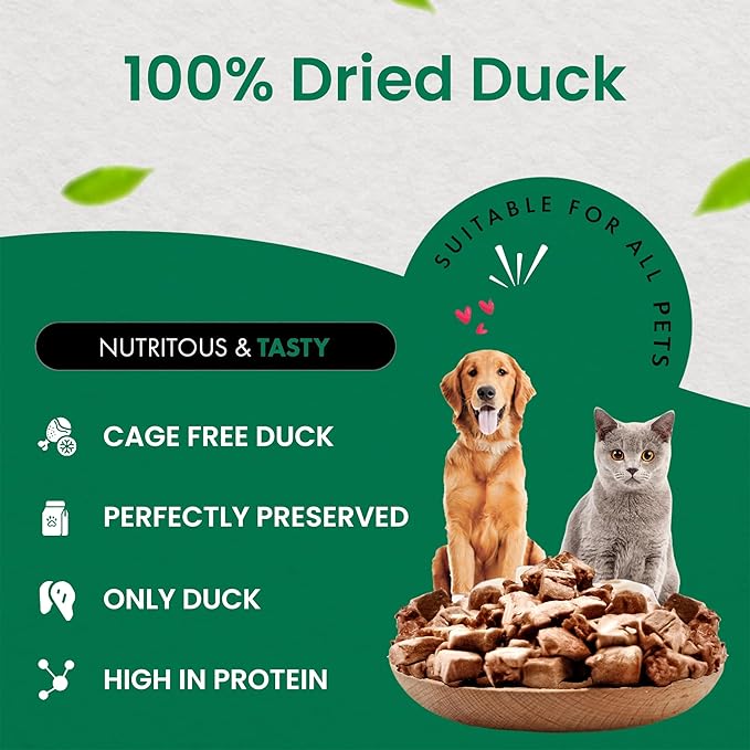 Duck Dog Treats | 100% Human Grade Freeze Dried Cat Treats, Single Ingredient | High Protein Cat & Dog Food Toppers | No Additives or Preservatives | Inspected & Tested in USA | 1.5 oz