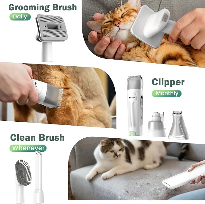 Afloia 6-in-1 Dog Grooming Vacuum Kit, Pet Clipper & Nail Grinder, Green | All-in-one grooming covers brushing, clipping, trimming and nail care, 1.5L dust cup, 3 suction levels, low-noise comfort