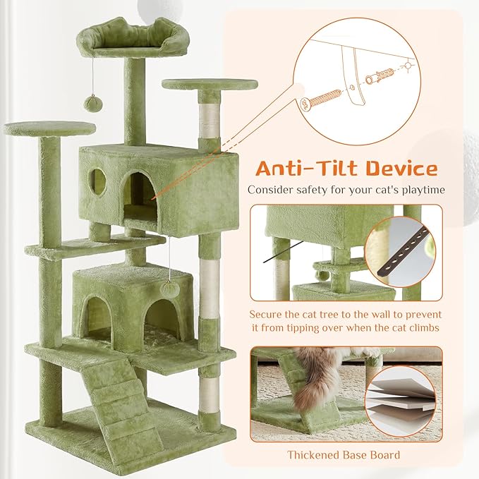 Sweetcrispy 54 Inch Cat Tree Tower, Multi-Level with Cat Scratching Post, Indoor Cat Condo with Climbing Ladder, Plush Toy, Play House for Cat, Green