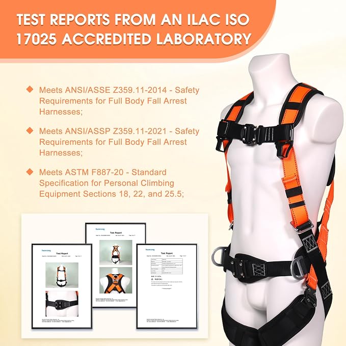 Fall Protection Premium Safety Harness with Shock Absorbing Lanyard, Vented & Padded Shoulder, Legs & Back - Upgrade 4 Quick Buckles (Orange)