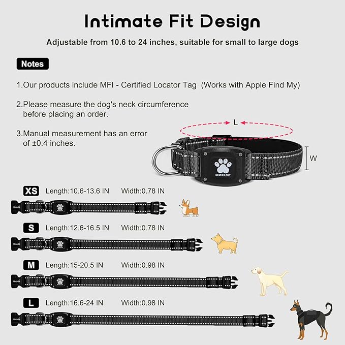 GPS Dog Collar Tracker 2-in-1,Reflective Waterproof Pet Collar,iOS-Only,No Monthly Fees,Unlimited Range,Dog Tracking Collar Pet Tracker,for Small Medium Large Dogs(S (12.6"-16.5"), Black)