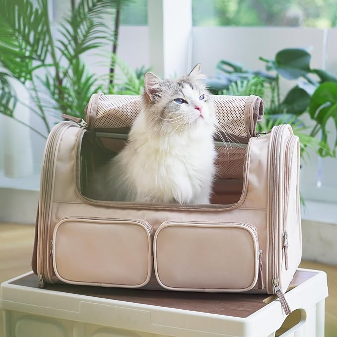 FUKUMARU Cat Carrier, Airline Approved Dog Carrier with Rollable Cover | Breathable Soft Cat Carrier, Multiple Doors & 4 Storage Pockets Cat Travel Bag, Durable Pet Carrier for Cat Under 15 lb, Pink
