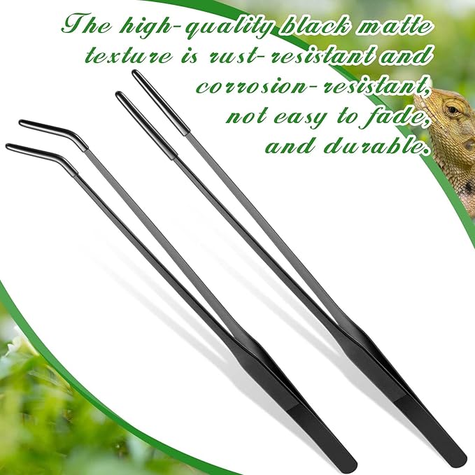 Lasnten 2 Pcs Extra Long Stainless Steel Reptile Feeding Tongs with Rubber Tip 15 Inch Bearded Dragon Aquarium Straight and Curved Long Tweezer Terrarium Feeder Tool for Tank(Black)