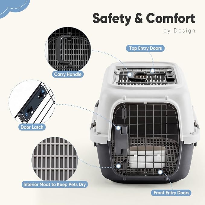 DUMOS 23" Hard-Sided Pet Carrier for Small Dogs & Cats, Airline Approved Travel Crate with Enhanced Security Latches, Front & Top Load Wire Door, Food Bowl for Traveling, Hiking, Camping - White&Black