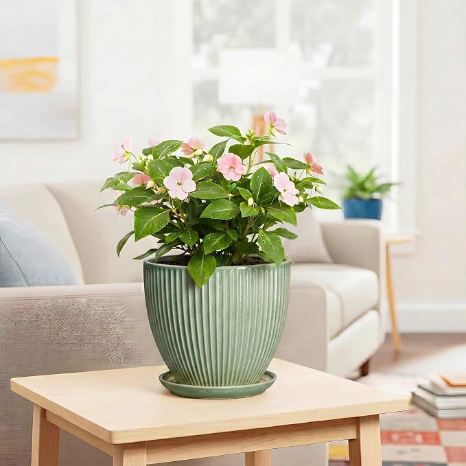 8 Inch Planter, Ceramic Plant Pots with Drainage Hole and Saucer, Decorative Pots for Plants Indoor, Ceramic Flower Pots, Round Modern Planter, Living Room Decor, House Warming Gifts, Green