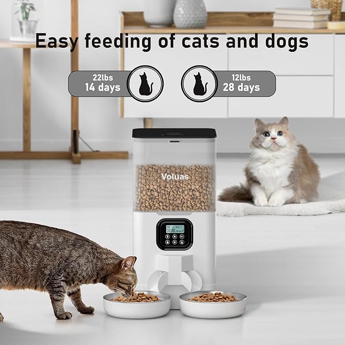 Distributeur automatique de nourriture Voluas pour deux chats, distributeur double pour animaux avec 2 gamelles en acier inoxydable, distributeur de nourriture pour chat de 6 L avec fonction de mémorisation