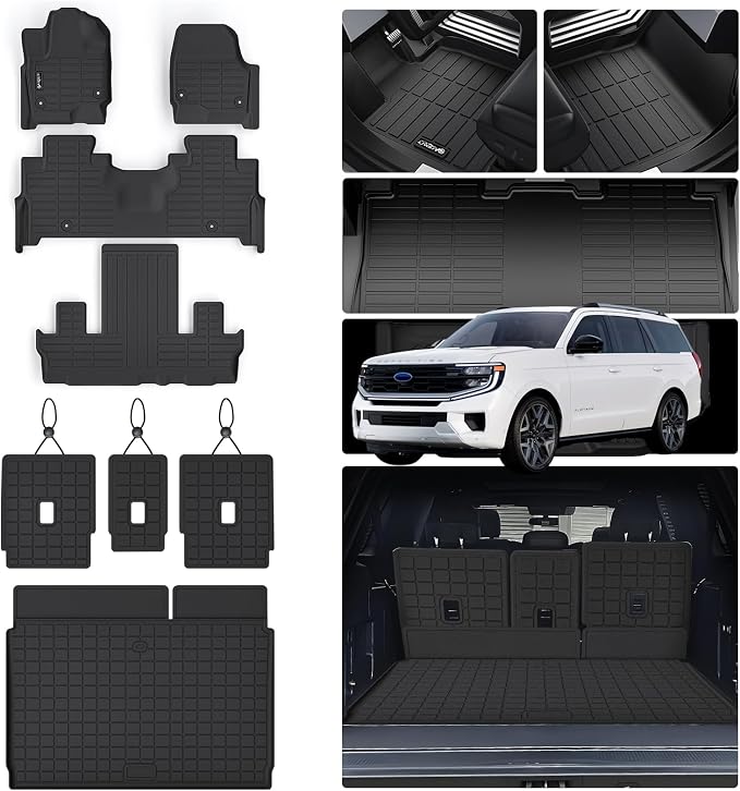 Floor Mats for 2025 Ford Expedition MAX 7 Seats (2nd Row Bucket Seat) with Cargo Liners & Backrest Mat,TPE All Weather Protection 1st 2nd 3rd Row Full Set Car Mats Accessories