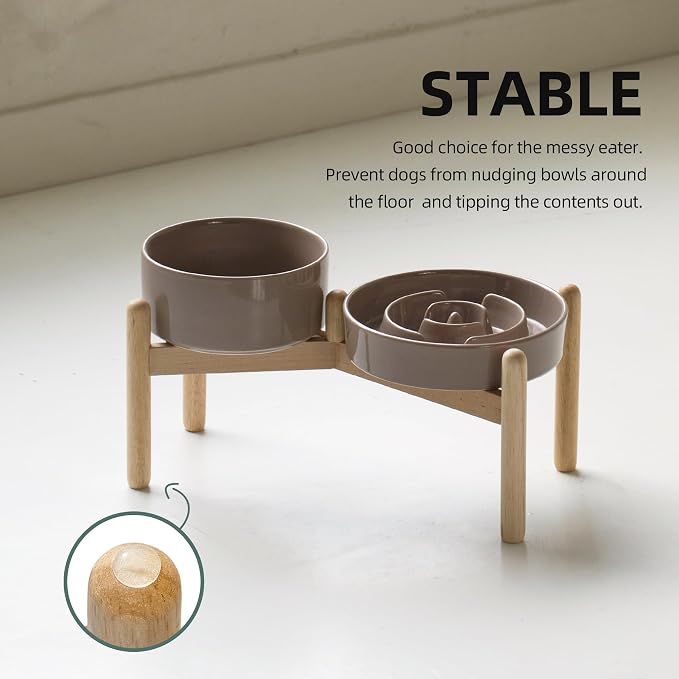 Havniva Elevated Slow Feeder Dog Bowls, Ceramic Dog Bowl Slow Feeder Set | 1.2 Cups Raised Slow Feeder Dog Bowl for Small Breed, 6.1” Dog Water Bowl with Wooden Stand, Puzzle Dog Food Bowl, Non-slip