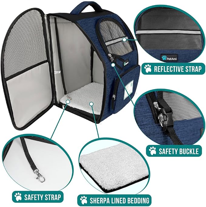 PetAmi Dog Backpack Carrier for Small Medium Dogs Large Cats up to 18 lbs, 2 Side Entry, Structured No-Collapse Frame, Airline Approved Ventilated Pet Backpack for Hiking Camping Travel Vet, Navy