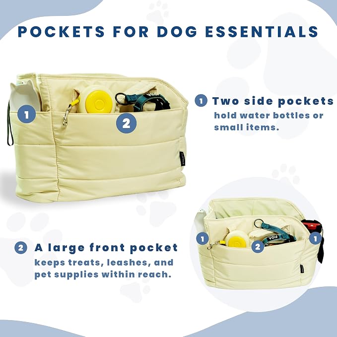 Lightweight Puffy Dog Purse Carrier for Small Dogs, Beige | Quilted Pet Carrier Tote with Safety Leash Clip, Storage Pockets and Removable Base, for Pets Up to 15 lbs, Beige