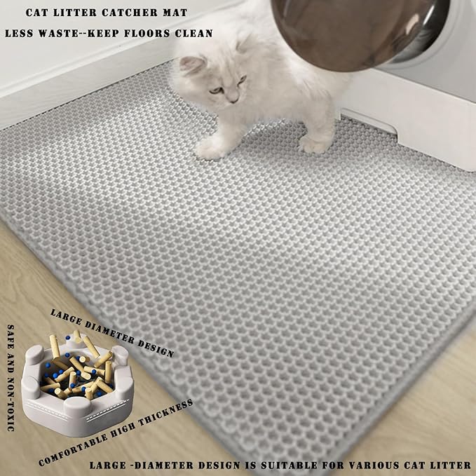 HCY&WLD Cat Litter Mat, 45x26/35x24/30x22/24x18 Inch Double Layer Cat Litter Box Mat, EVA Non-Slip, Waterproof Urine Proof Cat Litter Catcher Mat, Easy Clean Scatter Control (35x24 Inch, Black)
