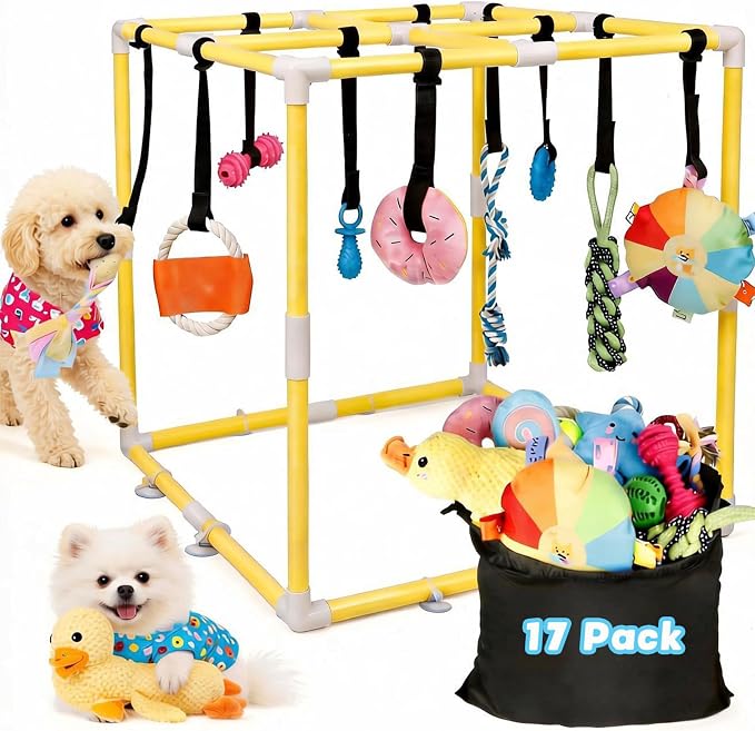 Puppy Play Gym with 17 Hanging Toys, Small Dog Indoor Enrichment Jungle Gym | Interactive Activity Center for Energetic Puppies & Cats, Teething Squeaky Toys, Bungee Straps & 22 in PVC Frame Playground