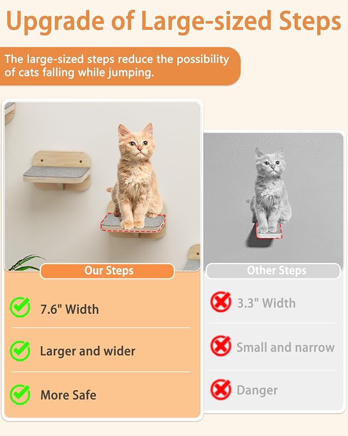 Meidok Cat Wall Furniture,Cat Wall Shelves,Dog Proof Cat Feeding Station with 3 Wide Wall Steps and 2pices 304 Stainless Steel Bowl Cat Feeding Shelf for Cats up to 25 Lbs - Wood Color