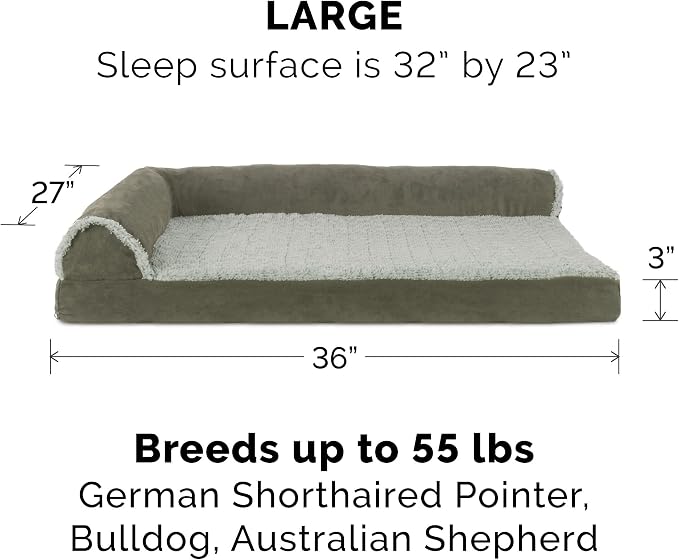 Furhaven Orthopedic Dog Bed for Large/Medium Dogs w/ Removable Bolsters & Washable Cover, For Dogs Up to 55 lbs - Two-Tone Plush Faux Fur & Suede L Shaped Chaise - Dark Sage, Large