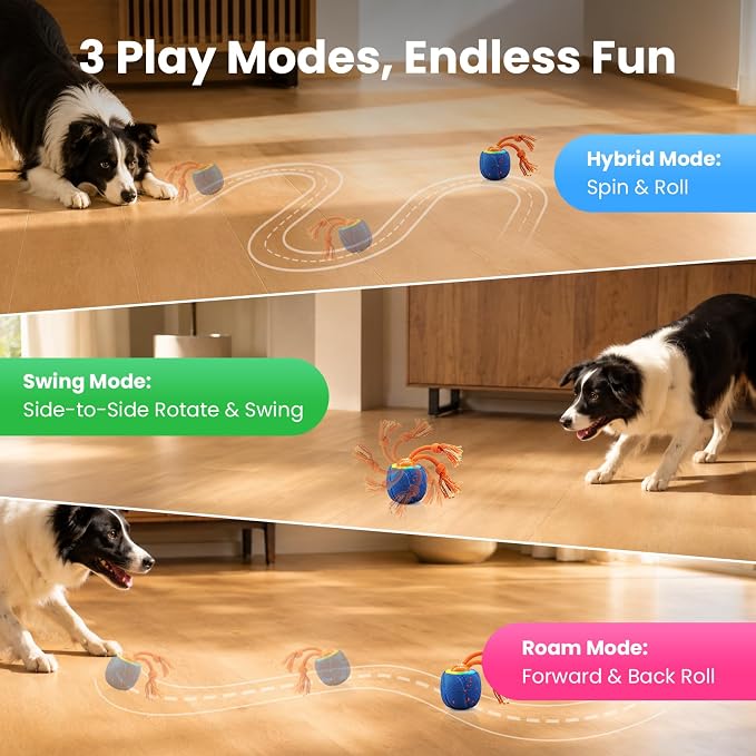 Smart Interactive Dog Toys, 3 Modes Automatic Rolling Ball, Chase Pet Toy with Rope & Barking Sound, Chew Resistant E-TPU, IPX7 Waterproof Rechargeable Ball for Medium Large Dogs, Blue