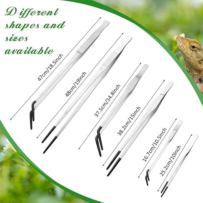 Lasnten 2 Pcs Extra Long Stainless Steel Reptile Feeding Tongs with Rubber Tip 15 Inch Bearded Dragon Aquarium Straight and Curved Long Tweezer Terrarium Feeder Tool for Tank(Silver)