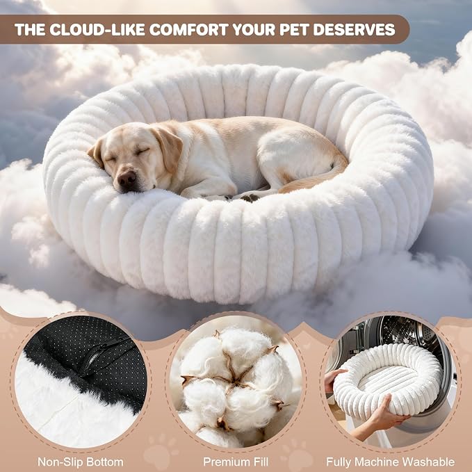 Donut Dog Bed for Large Dogs - Pet Bed with Removable Cover, Self-Heating Winter Pet Beds for Medium & Big Dogs, Egg Tart Design (L) Dog beds Medium Sized Dog self Warming