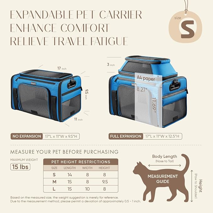 Top-Expandable Pet Carrier with Treat Pet Window,17x11x9.5 Airline Approved | for Alaska Hawaiian,Soft-Sided Dog Carrier, Anti-Scratch Mesh, Lockable Zippers,Cat Carrier for Kitten,Rabbit,Puppy,Blue
