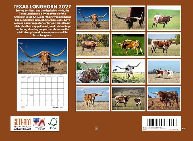 Texas Longhorn Wall Calendar 2027 Cattle Monthly