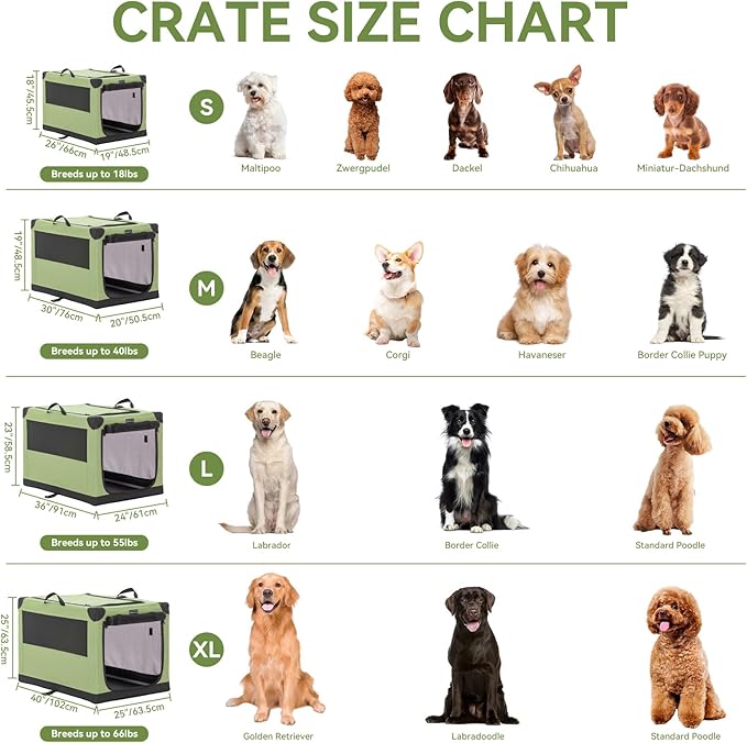 PETSFIT 40" Soft Portable Dog Crate – Patented Spiral Sturdy Frame, Collapsible Travel Kennel for Large Dogs, 3 Mesh Door, Lockable Zippers, Indoor & Car Use Green