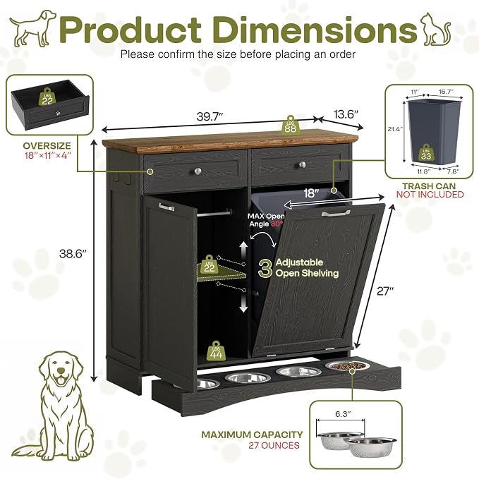 Furnaza Pet Feeding Station with 4 Bowls,Dual Doors Dog Cabinet Storage | Black 39.7"W Dual Doors Pet feeding station with storage for dogs and cats, Pet Food Storage for Kitchen, Living Room