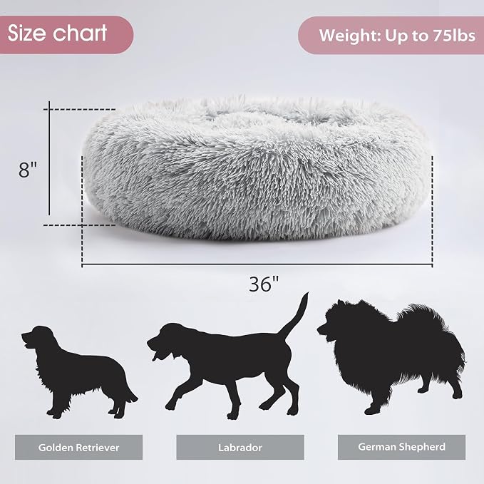 Western Home Calming Donut Large Dog Bed Pet Bed,36" Light Grey | Fluffy Faux Fur Round Cuddler,Anti-Anxiety,Anti-Slip Bottom,Plush Round Pet Dog Beds for Large Sized Dogs,Up to 80 LBS