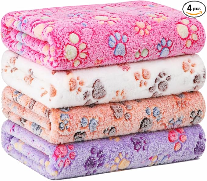 Tatuo 4 Pack Fleece Dog Blankets for Puppy Cats Multi-Size Sleep Mat for Pet Guinea Pig Soft Washable Warm Crate Bed Puppy Teething Toys Print Pattern Blanket Indoor(Mixed Color,72 x 72 Inch,Paw)
