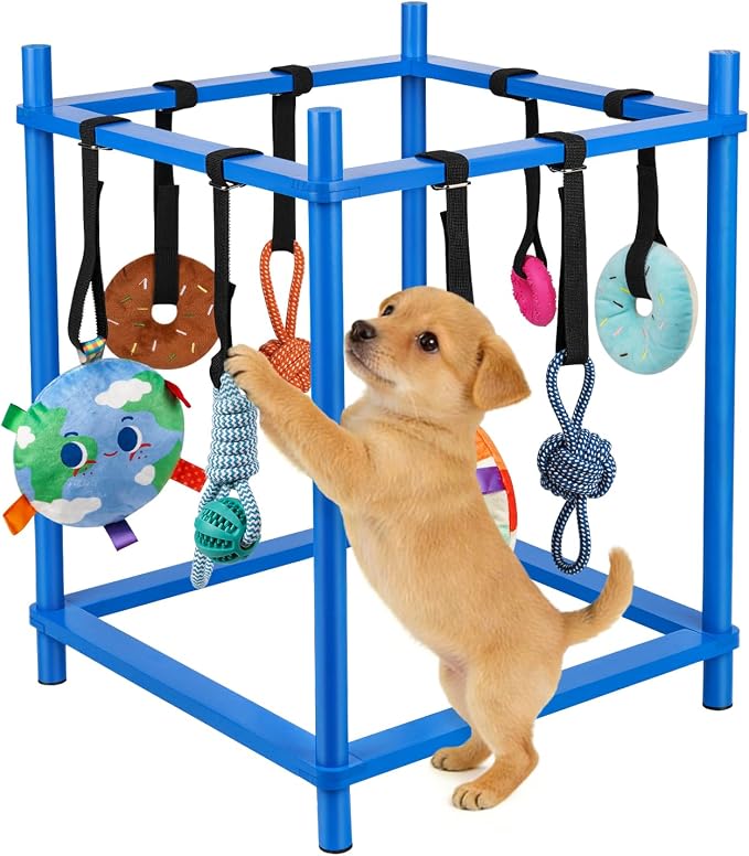 Wooden Puppy Play Gym for Small Dog with 8 Hanging Toys, Blue Frame | Wood Puppy Jungle Gym Indoor & Dog Enrichment Toys for Puppies 0-6 Months