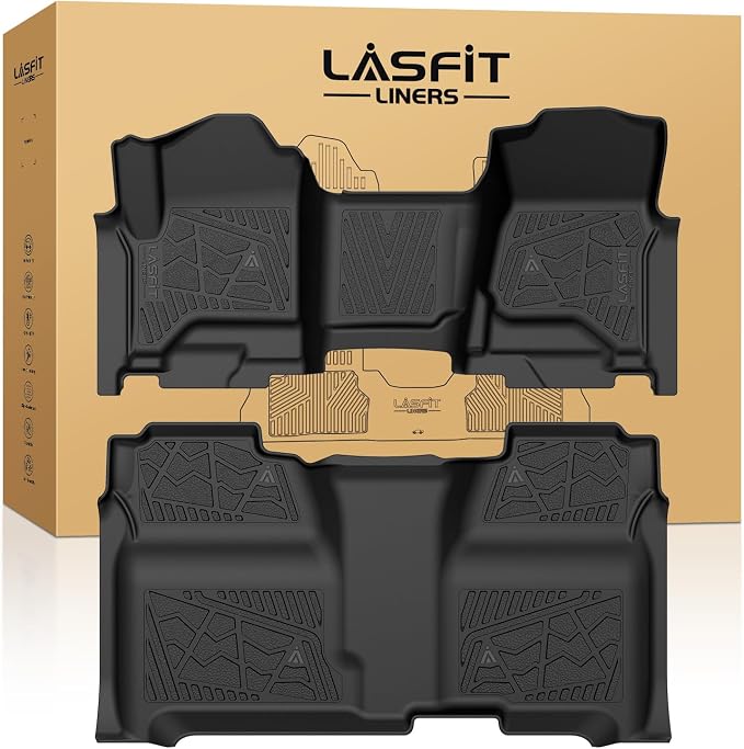 LASFIT Floor Mats 2014-2018 for Chevy Silverado/GMC Sierra 1500, 2015-2019 2500HD 3500HD (Crew Cab Only/Bench Seat Only) All Weather TPE Custom Fit Car Floor Liners, with Carpet Floor Only
