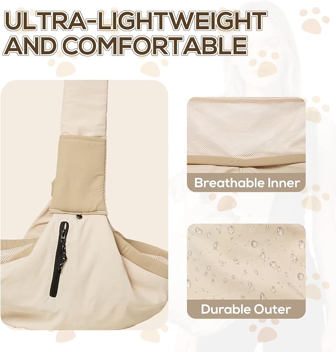 Dog Carrier Sling for Small Dogs/Cats Up to 15 lbs - Multi-Pocket Oxford Pet Sling Carrier Bag with Adjustable Strap (Beige)