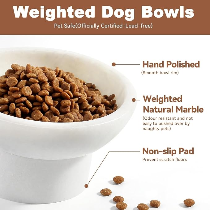 Karibiber Marble Elevated Cat Bowl, White Weighted Raised Cat Food & Water Bowl, Whisker-Friendly Stone Cat Dish with Non-Slip Stand, Heavy Water Bowls for Small Dog