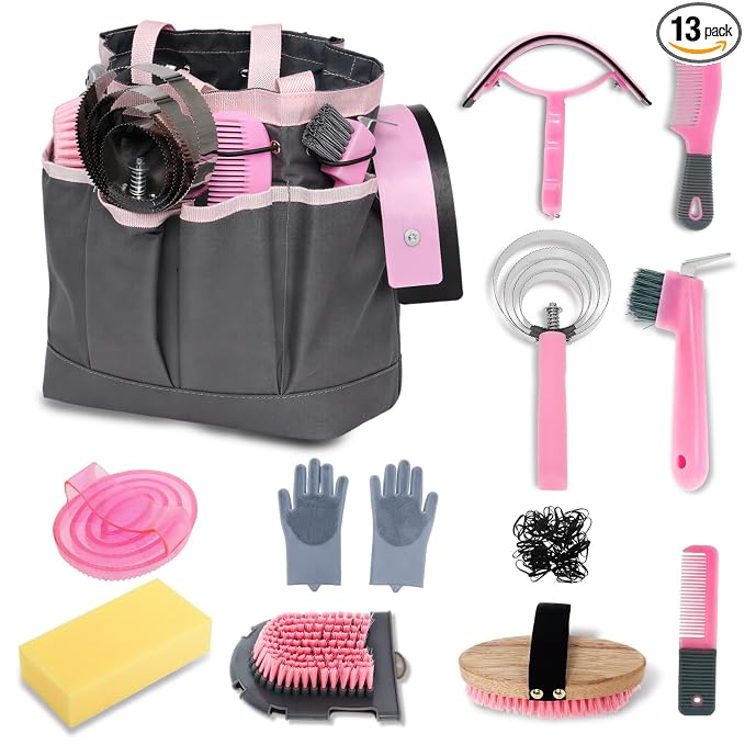Horse Grooming Kit 13 Pack, Horse Brushes for Grooming Supplies Set with Tote Bag, Horse Tack Supplies with Gloves & Brush for Equine Care and Bathing (Pink)