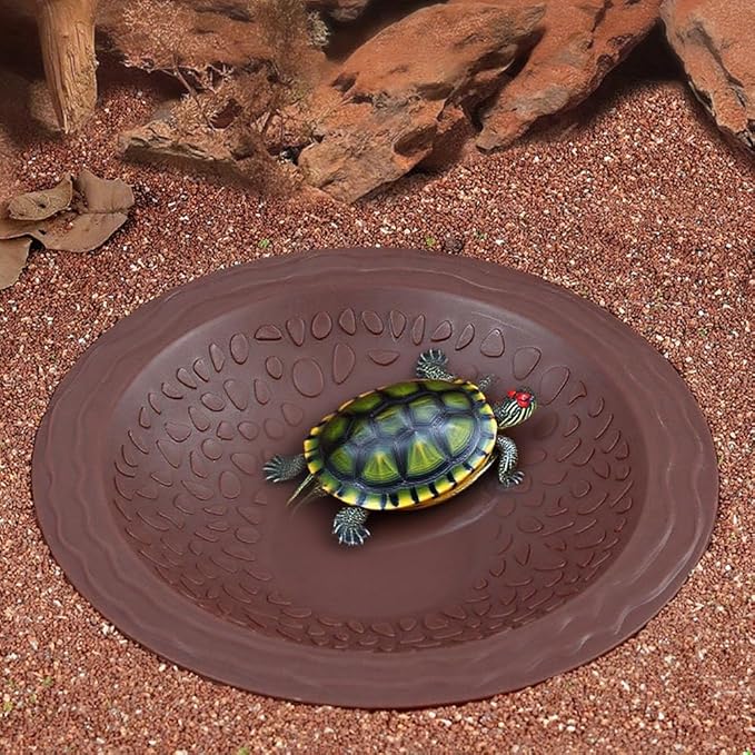 Turtle Bathing Pool Small for Reptiles & Amphibians - Resin Water Dish & Feeding Bowl with Gentle Slope - Safe for Turtles, Lizards, Frogs, Snakes (Reddish Brown)